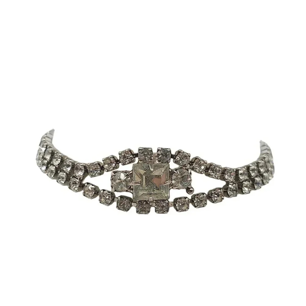 Clear Rhinestone Crystal Bangle Bracelet Fold-Over Clasp Silver Tone Vintage